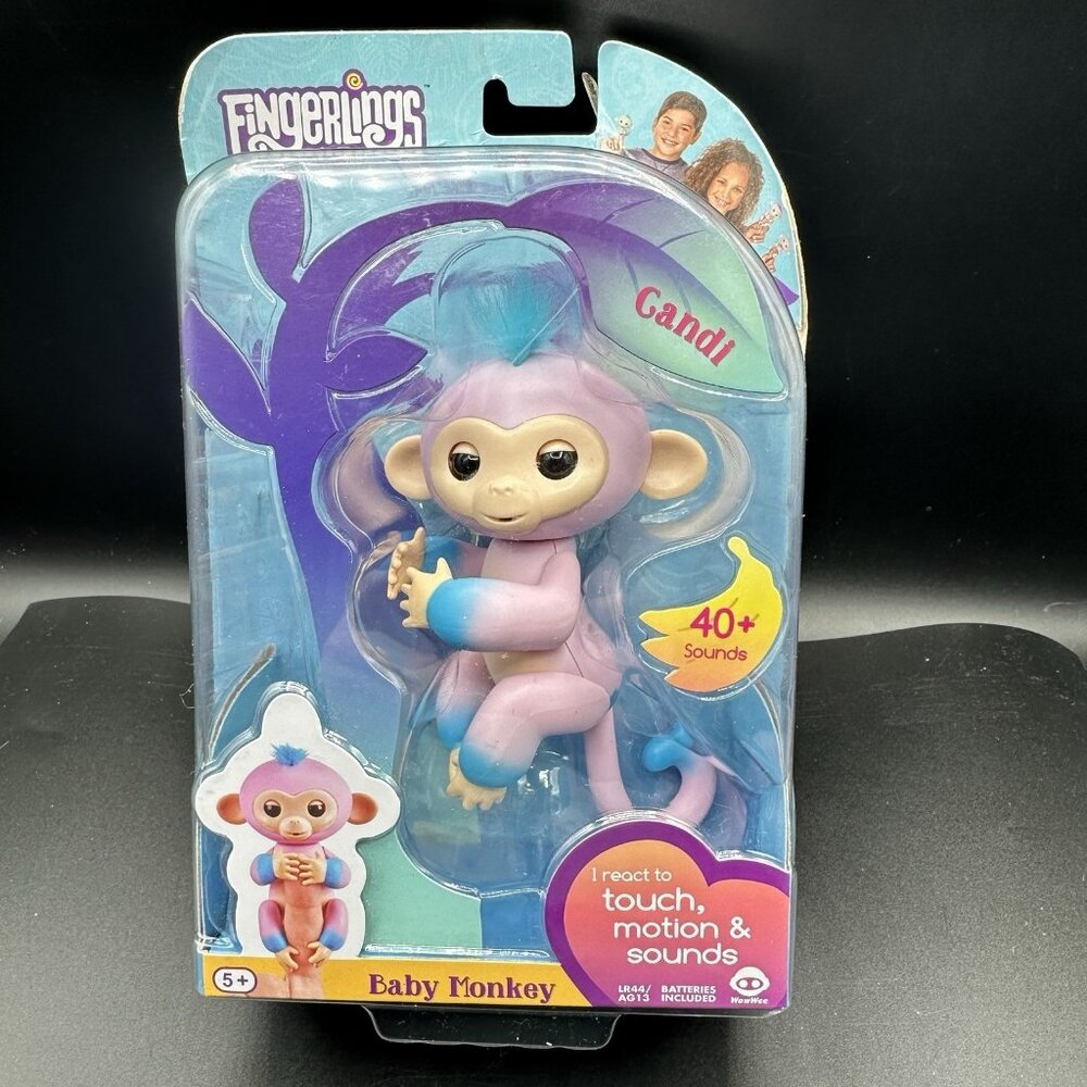 WowWee Fingerlings Baby Monkey Interactive Pet Candi Pink & Blue 40+ Sounds